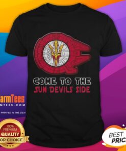 Star Wars-themed Arizona State Sun Devils t-shirt featuring iconic characters and team colors for fans.