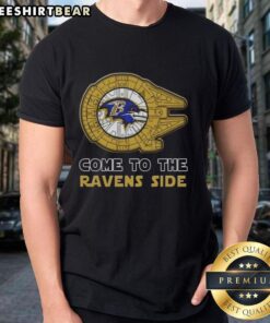Star Wars themed Baltimore Ravens t-shirt featuring iconic characters, perfect for fans celebrating their team spirit.