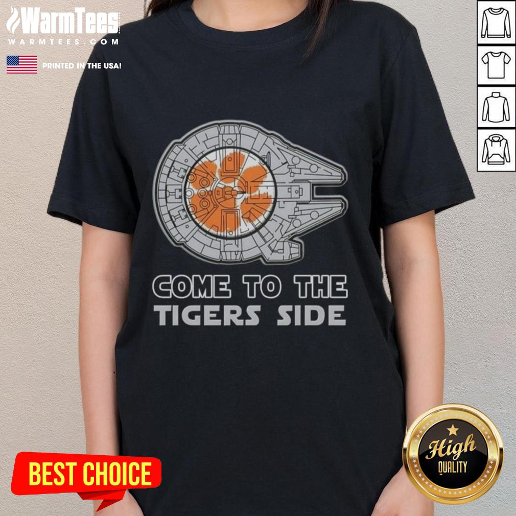 nice-star-wars-come-to-the-clemson-tigers-side-ladies-tee Alt Text: Ladies' Nice Star Wars Clemson Tigers T-shirt featuring a stylish design for fans of both franchises.