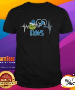 Nice The Grinch Heartbeat X Detroit Lions football lover T-shirt featuring festive Grinch design and team colors.