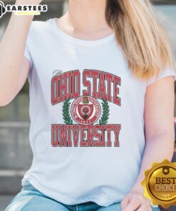 Ohio State University logo on a stylish ladies tee, perfect for fans and casual wear.