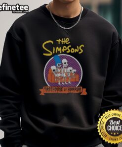Cozy Nice The Simpsons Treehouse of Horror sweatshirt featuring iconic characters and spooky designs for Halloween fans.