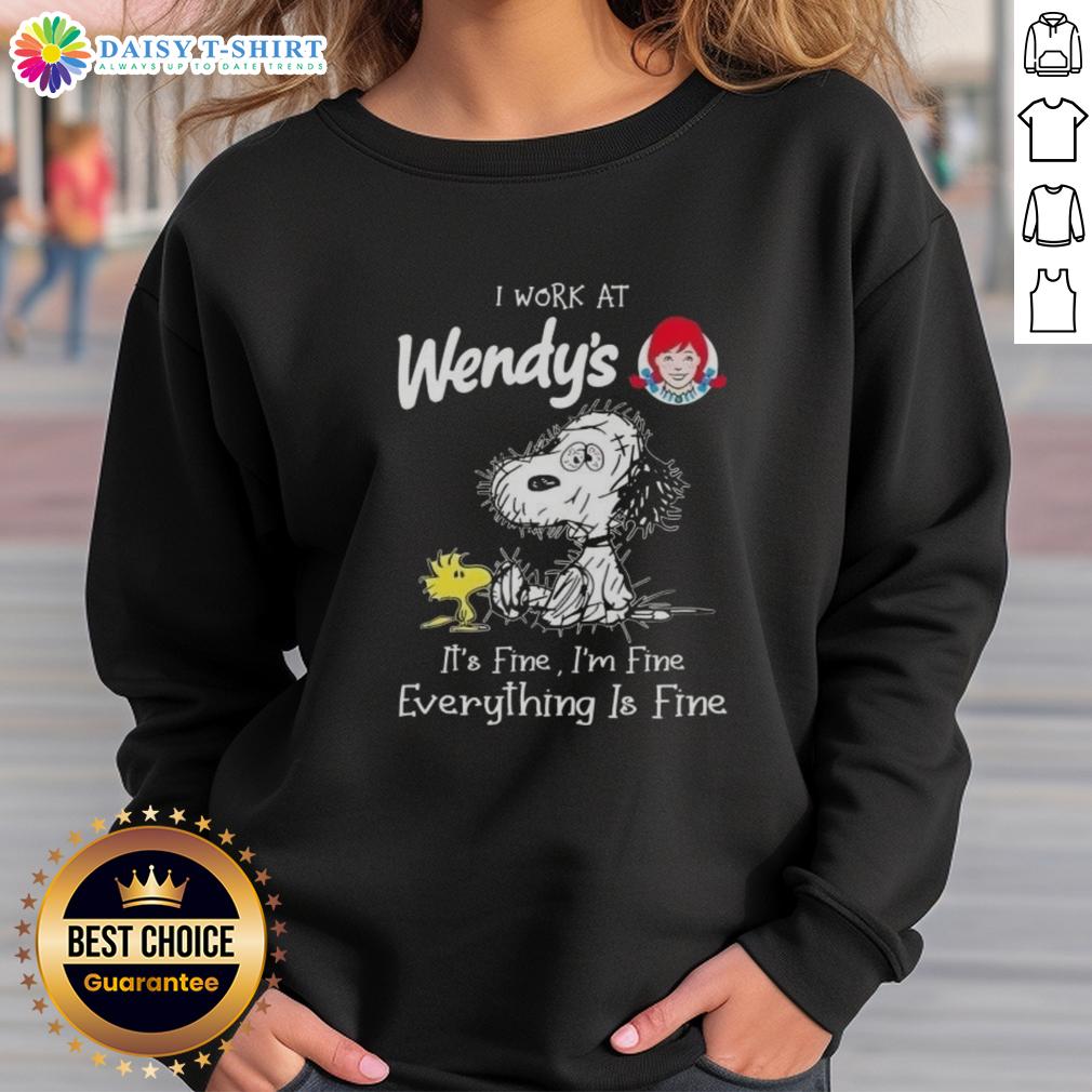 Nice Tired Snoopy And Woodstock I Work At Wendys It's Fine I'm Fine Everything Is Fine Sweatshirt Alt Text: Snoopy and Woodstock on a I Work at Wendy's, It's Fine, I'm Fine, Everything is Fine sweatshirt.