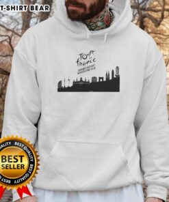 Barcelona skyline hoodie featuring the Tour de France Grand Depart 2026 design, perfect for cycling fans.