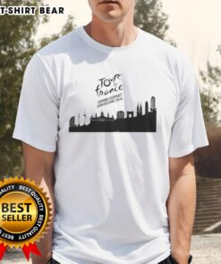 Nice Tour De France Grand Depart 2026 Barcelona skyline T-shirt featuring iconic landmarks and cycling theme.