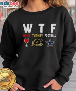 Cozy Thanksgiving sweatshirt featuring Dallas Cowboys logo and 'Nice Wine' text for football fans celebrating Turkey Day.