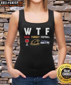 Nice wine and Thanksgiving feast with a Seattle Seahawks football tank top, perfect for holiday celebrations.