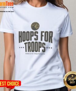 Alt Text: Awesome Hoops for Troops Minnesota Timberwolves basketball ladies tee featuring team logo and vibrant design.