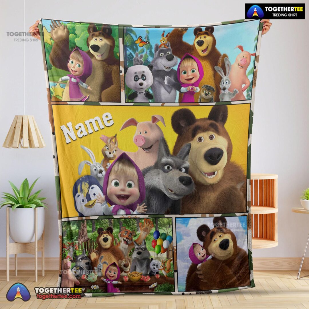 Official Cartoon Marsha And The Bear Family Cute Blanket Fleece Customized Blanket -mk-01