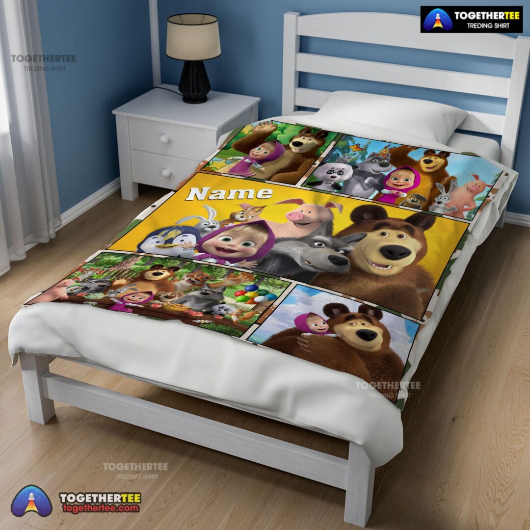 Official Cartoon Marsha And The Bear Family Cute Blanket Fleece Customized Blanket -mk-02