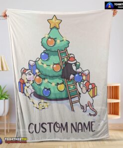 Official Cute Mice & Penguin Cartoon Christmas Tree Blanket Fleece Customized Blanket
