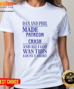 Official Dan and Phil Made Patreon Crash Ladies Tee featuring vibrant colors and unique design for fans.