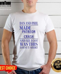 Alt Text: Official Dan And Phil Made Patreon Crash T-Shirt featuring unique design inspired by their popular content.