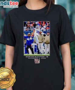Alt Text: Darius Slayton New York Giants NFL Flash Features Week 10 Ladies Tee showcasing team colors and logo.
