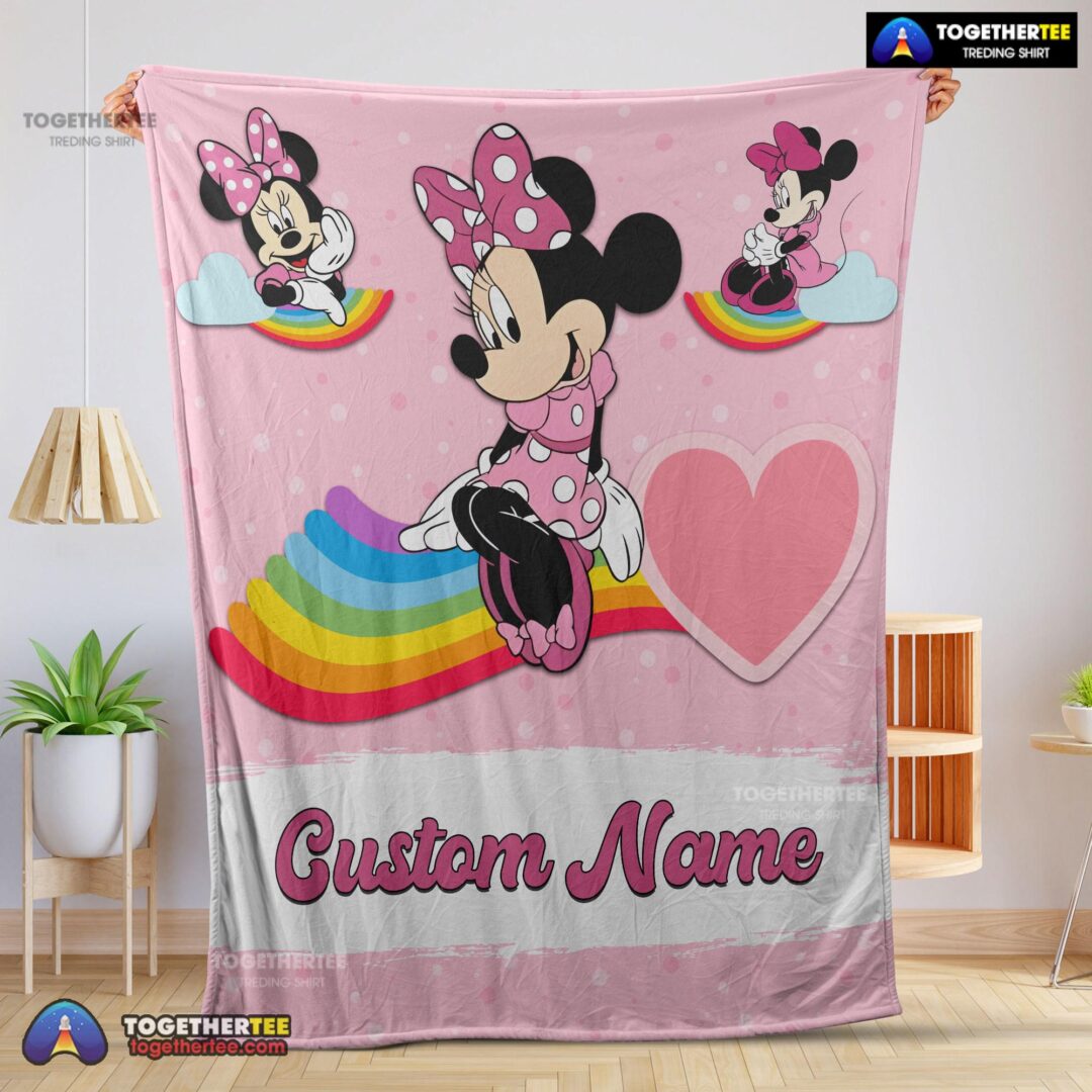 Official Disney Cartoon Minnie With Rainbow Blanket Fleece Customized Blanket