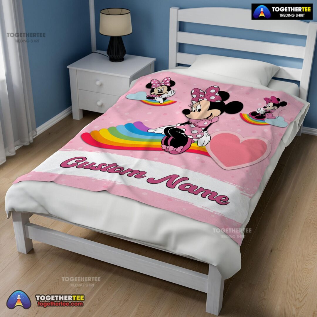 Official Disney Cartoon Minnie With Rainbow Blanket Fleece Customized Blanket