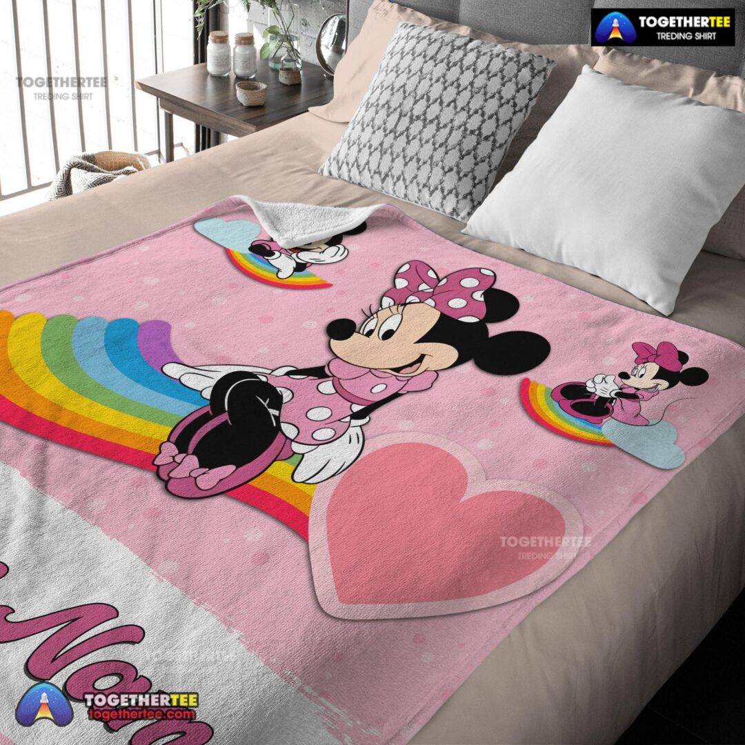 Official Disney Cartoon Minnie With Rainbow Blanket Fleece Customized Blanket