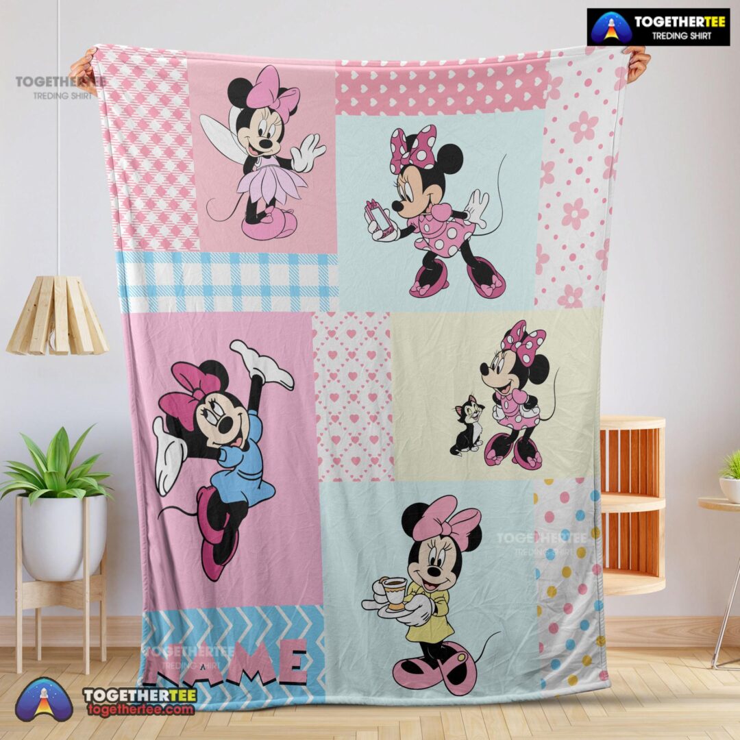 Official Disney Minnie Mouse Patchwork Pattern Blanket Fleece Customized Blanket-mk-01