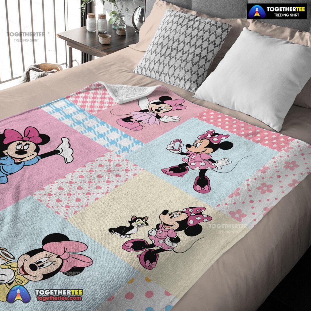 Official Disney Minnie Mouse Patchwork Pattern Blanket Fleece Customized Blanket-mk-03