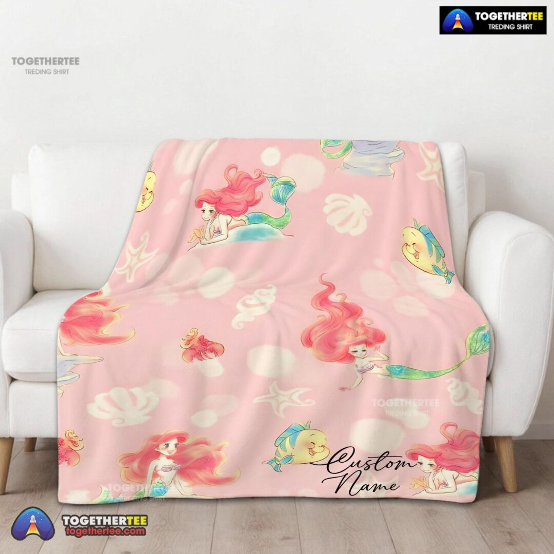 Official Disney The Little Mermaid & Flounder Delicate Watercolor Blanket Fleece Customized Blanket-mk-01