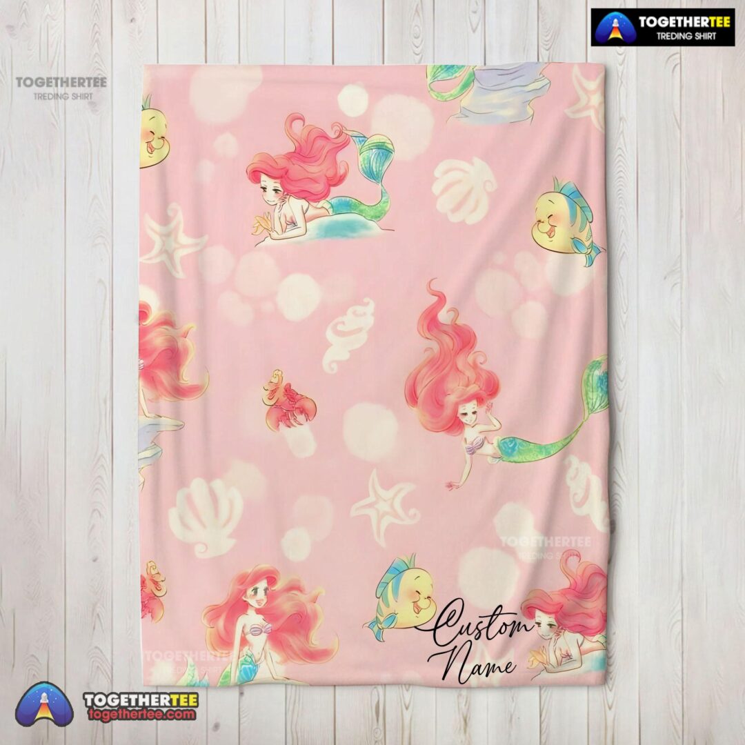 Official Disney The Little Mermaid & Flounder Delicate Watercolor Blanket Fleece Customized Blanket-mk-02