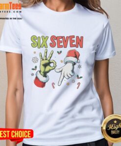 Official Funny Christmas Six Seven 67 Meme Ladies Tee featuring a humorous holiday design perfect for festive wear.