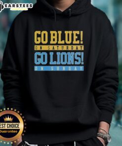 Official Go Blue on Saturday, Go Detroit Lions on Sunday hoodie with a bold blue design, perfect for football fans.