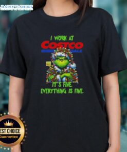 Official Grinch Christmas Tree tee from Costco Wholesale, featuring 'I Work At Its Fine, Everything Is Fine' design.