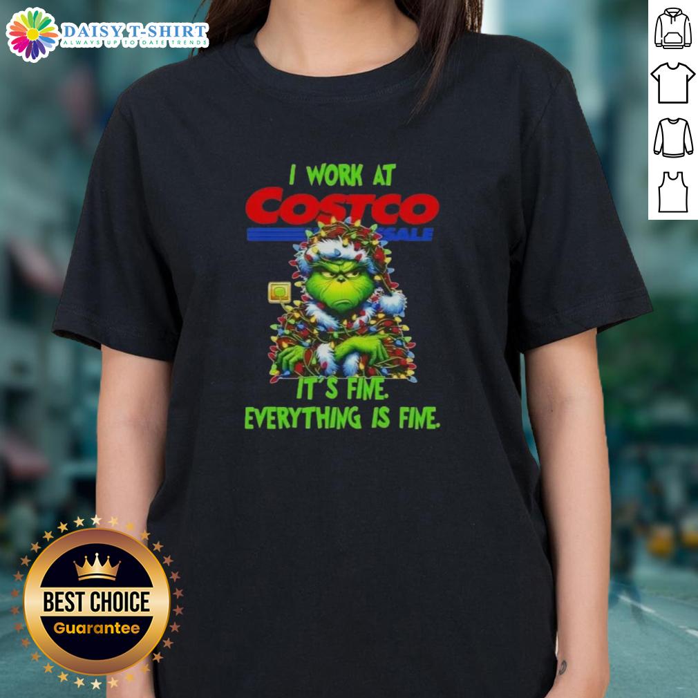 Official Grinch Christmas Tree X Costco Wholesale I Work At It's Fine Everything Is Fine Ladies-Tee Official Grinch Christmas Tree tee from Costco Wholesale, featuring 'I Work At Its Fine, Everything Is Fine' design.