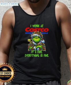 Official Grinch Christmas Tree tank top from Costco Wholesale, featuring 'I work at its fine, everything is fine' design.