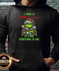 Official Grinch Christmas Tree hoodie at CVS Pharmacy, featuring festive design with 'It's fine, everything is fine' slogan.