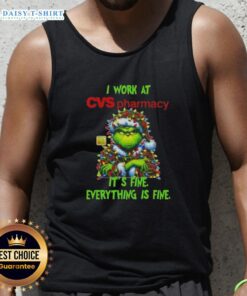 Alt Text: Official Grinch Christmas Tree tank top from CVS Pharmacy featuring 'It's fine, everything is fine' slogan.