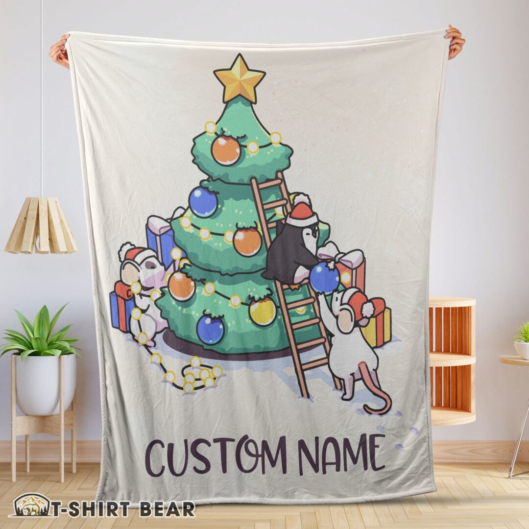 Official Hot Cute Mice & Penguin Cartoon Christmas Tree Blanket Fleece Customized Blanket-mk-01 (1)