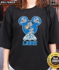 Alt Text: Official Mickey Hands Heart Love Detroit Lions Football Ladies Tee featuring a playful design and team colors.
