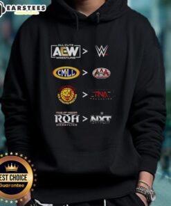Official More Comparative AEW WWE CMLL AAA NJPW TNA ROH NXT 2025 Hoodie featuring logos of top wrestling promotions.