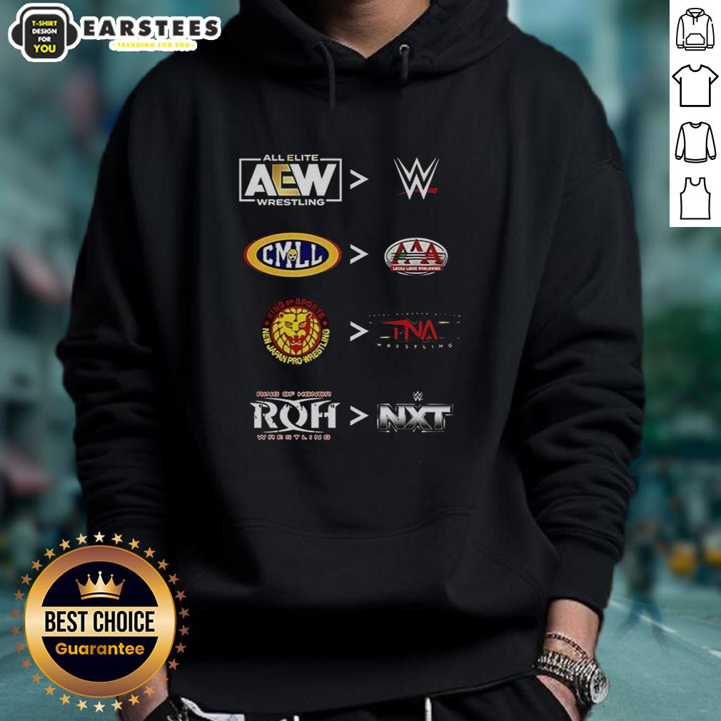 official-more-comparative-aew-wwe-cmll-aaa-njpw-tna-roh-and-nxt-2025-hoodie Official More Comparative AEW WWE CMLL AAA NJPW TNA ROH NXT 2025 Hoodie featuring logos of top wrestling promotions.
