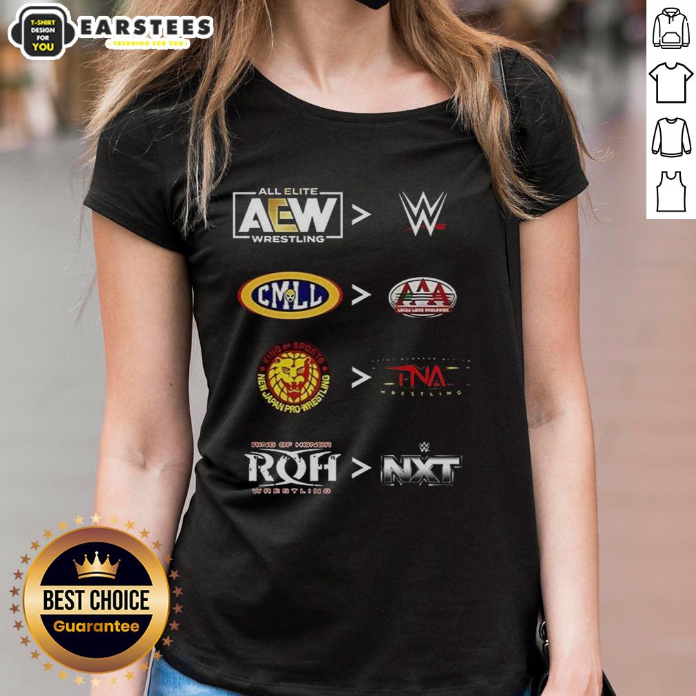 official-more-comparative-aew-wwe-cmll-aaa-njpw-tna-roh-and-nxt-2025-ladies-tee Official 2025 Ladies Tee featuring a comparative design of AEW, WWE, CMLL, AAA, NJPW, TNA, ROH, and NXT logos.