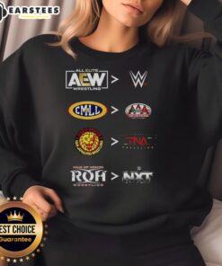 Official AEW WWE CMLL AAA NJPW TNA ROH NXT 2025 sweatshirt featuring logos and a stylish design for wrestling fans.
