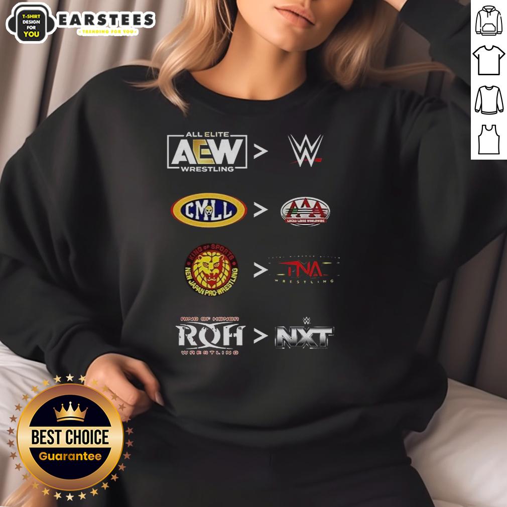 official-more-comparative-aew-wwe-cmll-aaa-njpw-tna-roh-and-nxt-2025-sweatshirt Official AEW WWE CMLL AAA NJPW TNA ROH NXT 2025 sweatshirt featuring logos and a stylish design for wrestling fans.