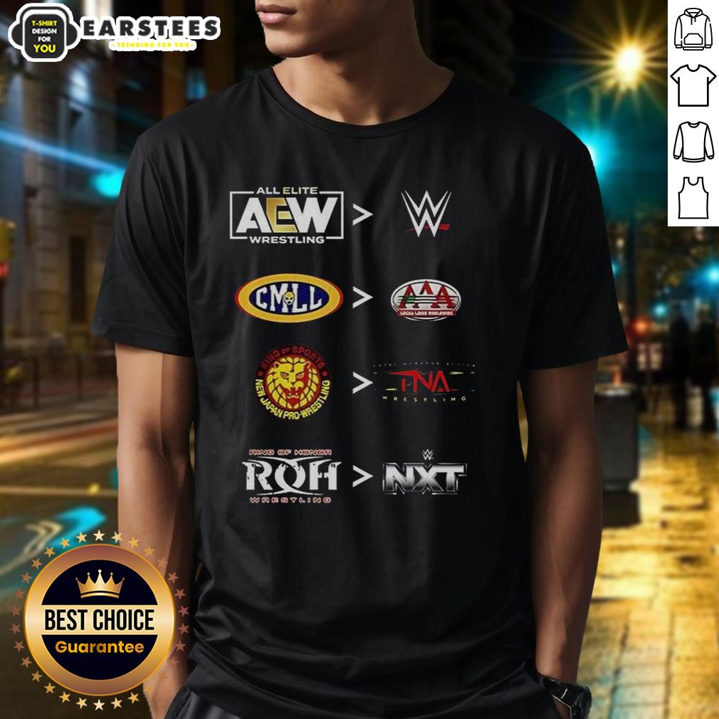 official-more-comparative-aew-wwe-cmll-aaa-njpw-tna-roh-and-nxt-2025-t-shirt-1 Official AEW WWE CMLL AAA NJPW TNA ROH NXT 2025 T-Shirt featuring logos of top wrestling promotions.