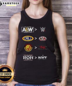 2025 tank top featuring official logos of AEW, WWE, CMLL, AAA, NJPW, TNA, ROH, and NXT for wrestling fans.