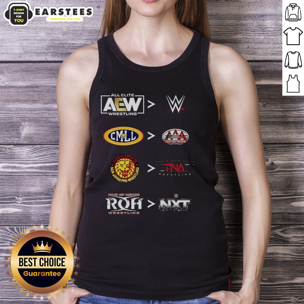 official-more-comparative-aew-wwe-cmll-aaa-njpw-tna-roh-and-nxt-2025-tank-top 2025 tank top featuring official logos of AEW, WWE, CMLL, AAA, NJPW, TNA, ROH, and NXT for wrestling fans.