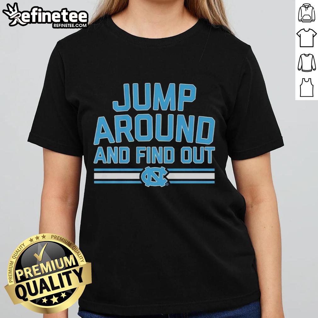 official-north-carolina-tar-heels-basketball-jump-around-and-find-out-ladies-tee Official North Carolina Tar Heels Basketball 'Jump Around and Find Out' Ladies Tee in vibrant blue, perfect for fans.