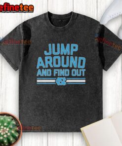 Official North Carolina Tar Heels Basketball Jump Around and Find Out washed t-shirt in blue, perfect for fans.