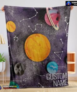 Official Outer Space Galaxy Watercolor Planets & Stars Blanket Fleece Customized Blanket