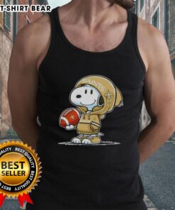 Alt Text: Snoopy in a hoodie smiling at fans, showcasing his New Orleans Saints tank top, perfect for Peanuts merchandise lovers.