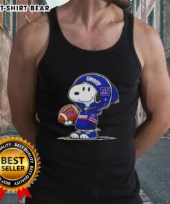 Snoopy in a New York Giants hoodie smiling at fans on a tank top, showcasing official Peanuts merchandise.