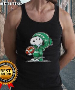 Alt Text: Snoopy in a New York Jets hoodie smiles at fans on a tank top, showcasing official Peanuts merchandise.
