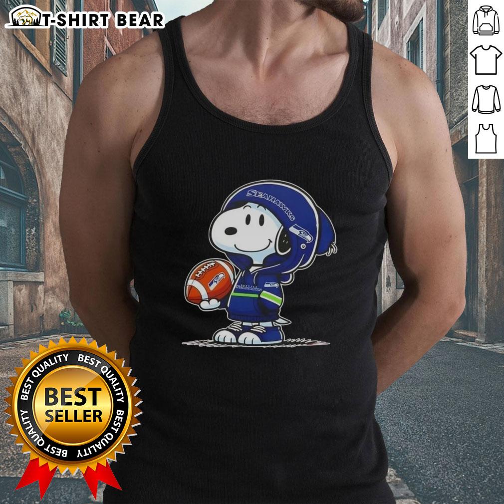 Official Peanuts Snoopy Wearing Hoodie Seattle Seahawks And Smilling At Fans Tank Top Snoopy in a Seattle Seahawks hoodie smiles at fans, featured on an official Peanuts tank top design.