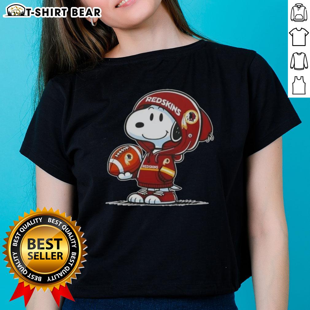 Official Peanuts Snoopy Wearing Hoodie Washington Commanders And Smilling At Fans Ladies-Tee Alt Text: Snoopy in hoodie supporting Washington Commanders, smiling at fans on official ladies tee.